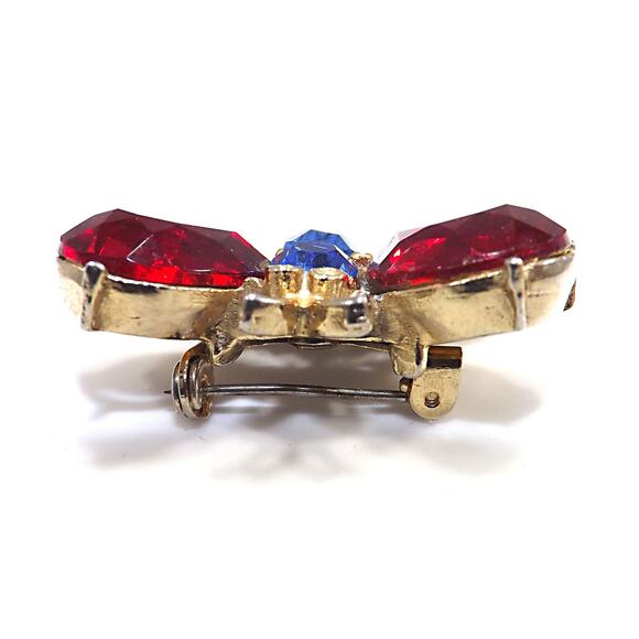 1940s Coro Butterfly Brooch Red Green Blue Rhinestone Gold Tone Vintage Jewelry - Picture 6 of 10